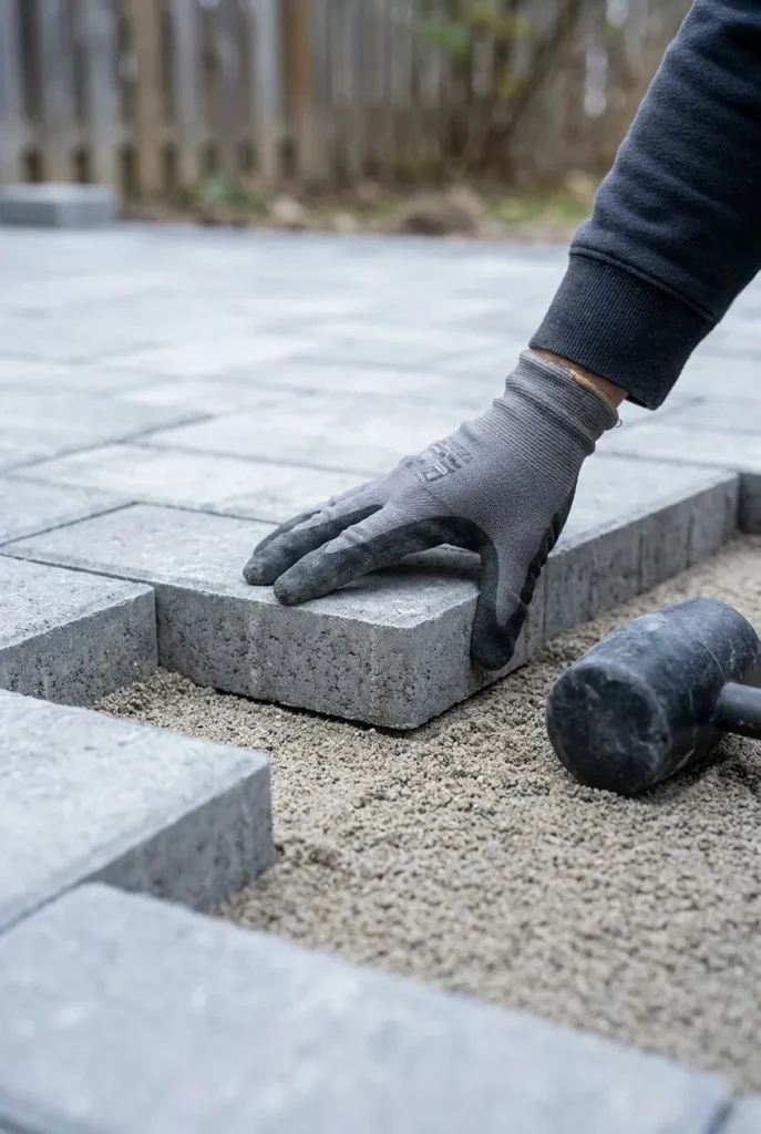 laying budget paver patio in herringbone pattern on sand