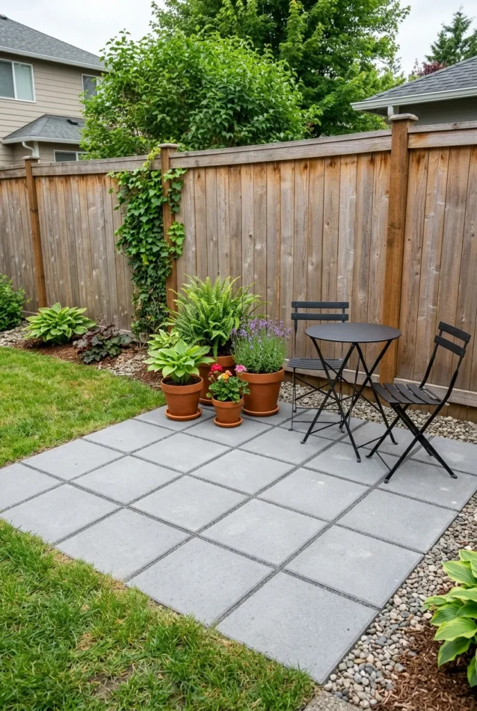 small backyard budget paver patio against privacy fence