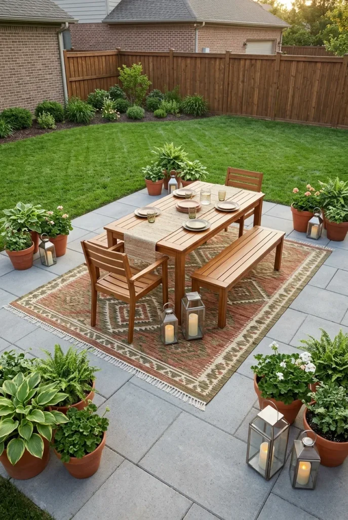 styled budget paver patio with rug and dining set