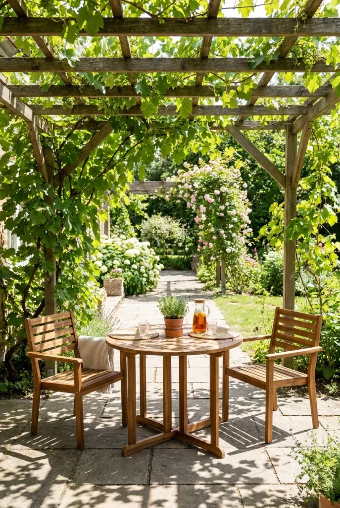 Covered patio ideas using grapevines on a pergola for natural shade