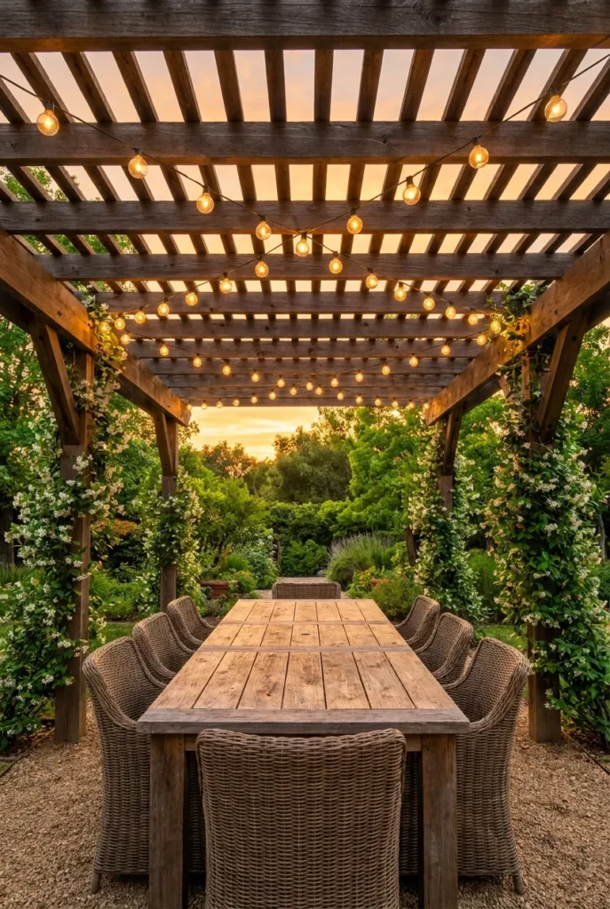 Pergola outdoor dining table with crisscross string lights at sunset
