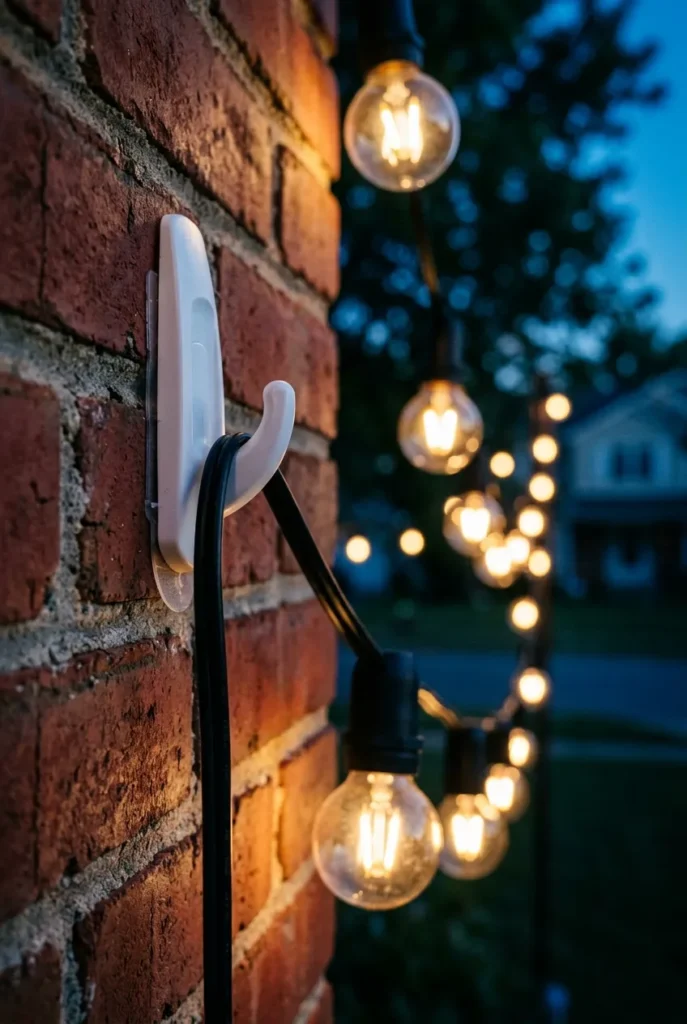 Renter-safe Command outdoor hook holding a string light strand on a brick wall.