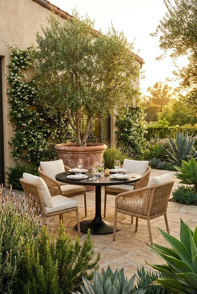 Round black outdoor dining table Mediterranean style with olive tree