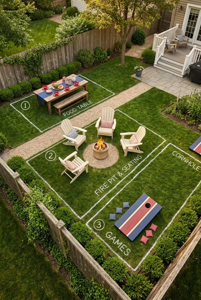 4th of July backyard party layout with three zones for food, seating, and games.