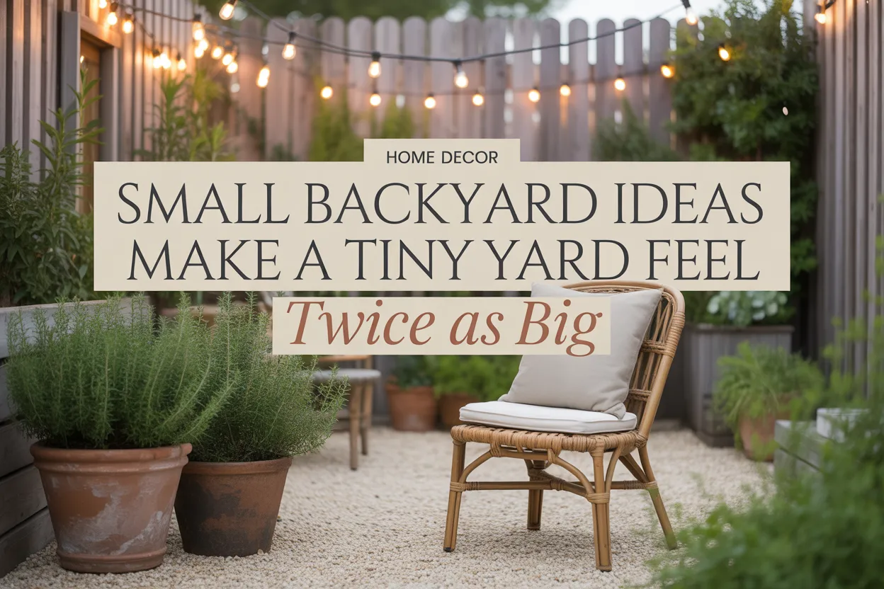 Small backyard ideas Pinterest pin with bistro chair, terracotta pot, and string lights at golden hour.
