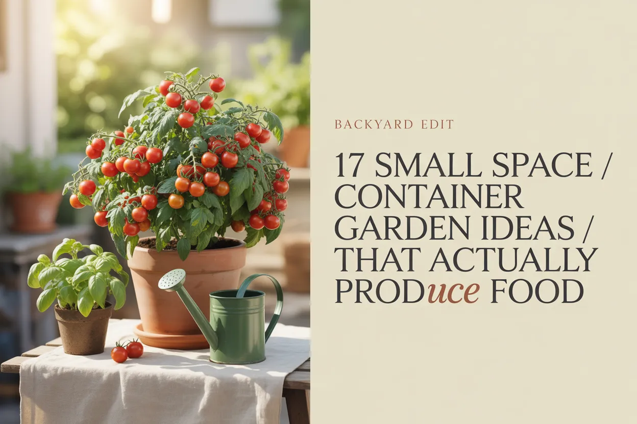 17 small space container garden ideas Pinterest pin with terracotta pot of cherry tomatoes, basil, and sage watering can.