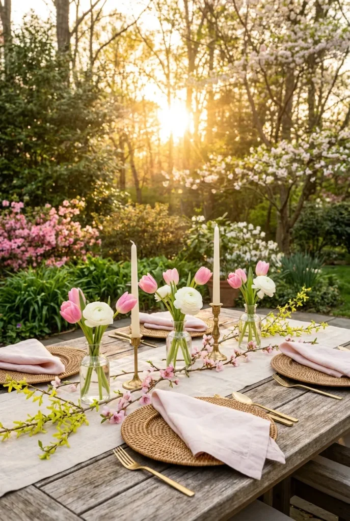pring outdoor tablescape ideas with tulips and pale linen