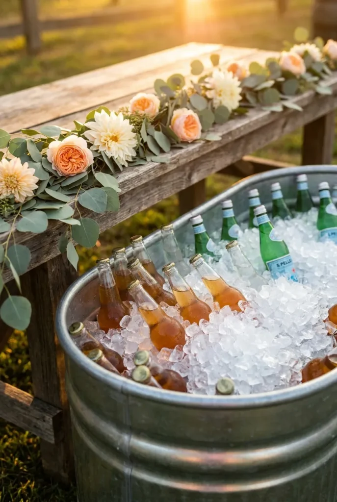 Galvanized stock tank drink cooler with eucalyptus garland for a backyard birthday party