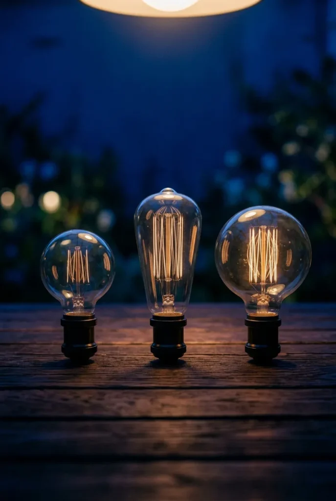 G40 versus S14 Edison versus G50 backyard string light bulb comparison.