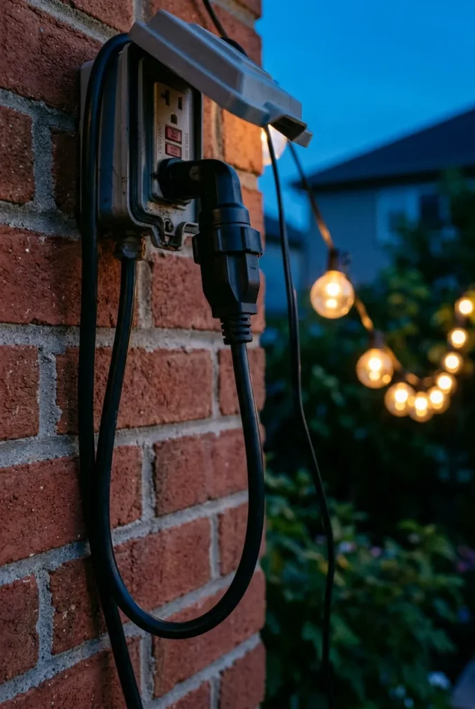 Outdoor string light drip loop at a GFCI outlet for backyard installation safety.