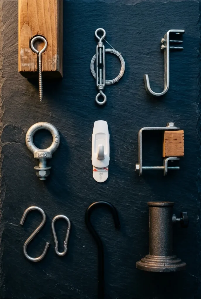 Overhead flat lay of nine string light mounting hardware options on slate background.
