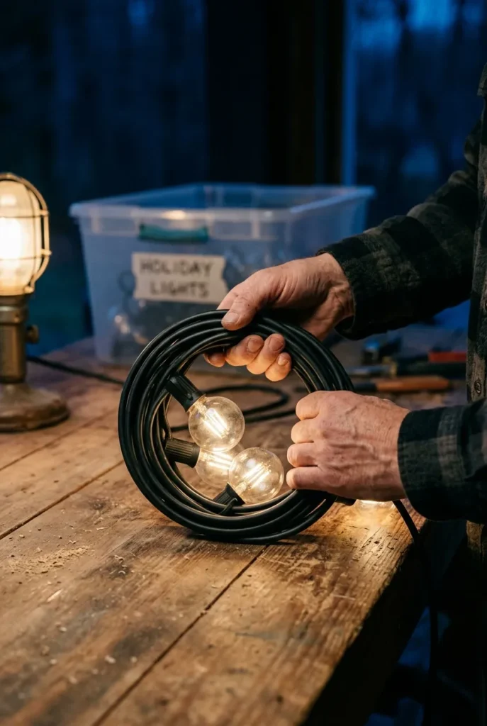Coiling and storing backyard string lights for off-season storage.