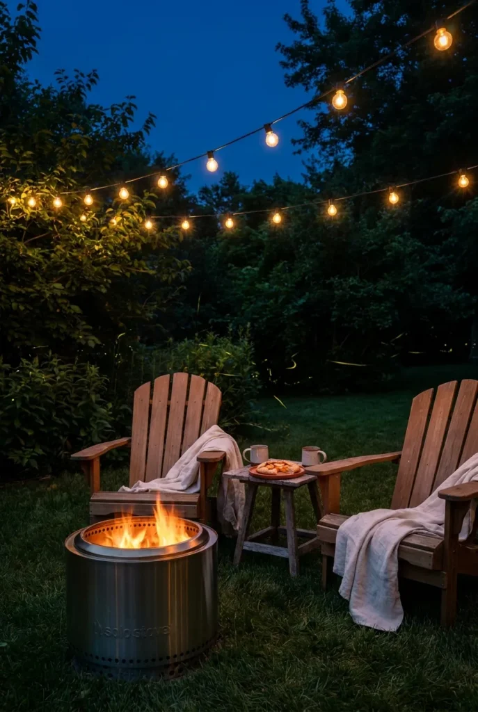 Late evening summer backyard party with fire pit, string lights, and fireflies.