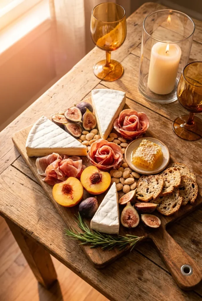 Summer backyard party charcuterie board with figs, peaches, and amber wine glasses.