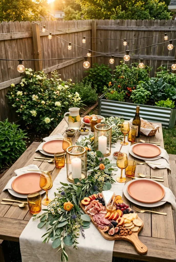 Summer backyard party table with eucalyptus runner and warm string lights at golden hour.
