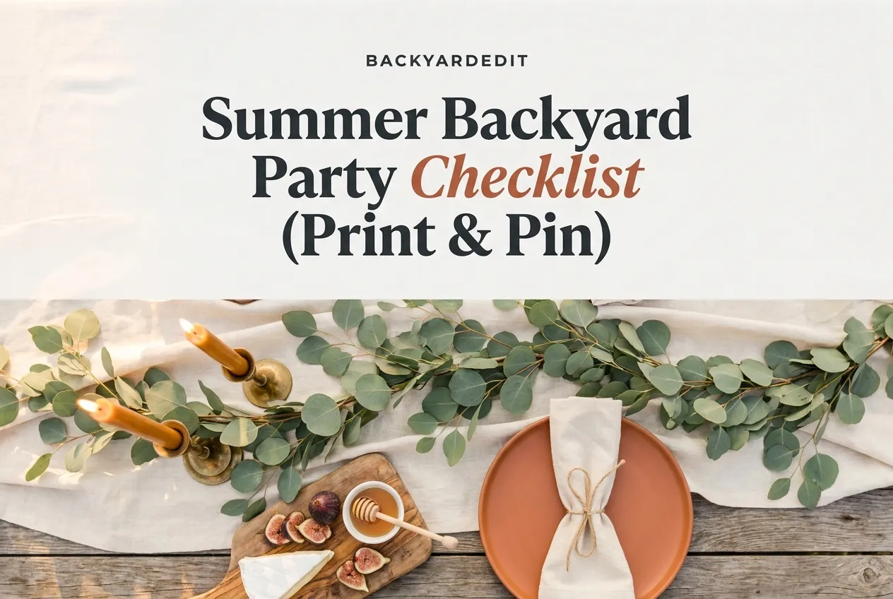 Summer backyard party checklist flat lay with eucalyptus garland, taper candles, and terra cotta plate.
