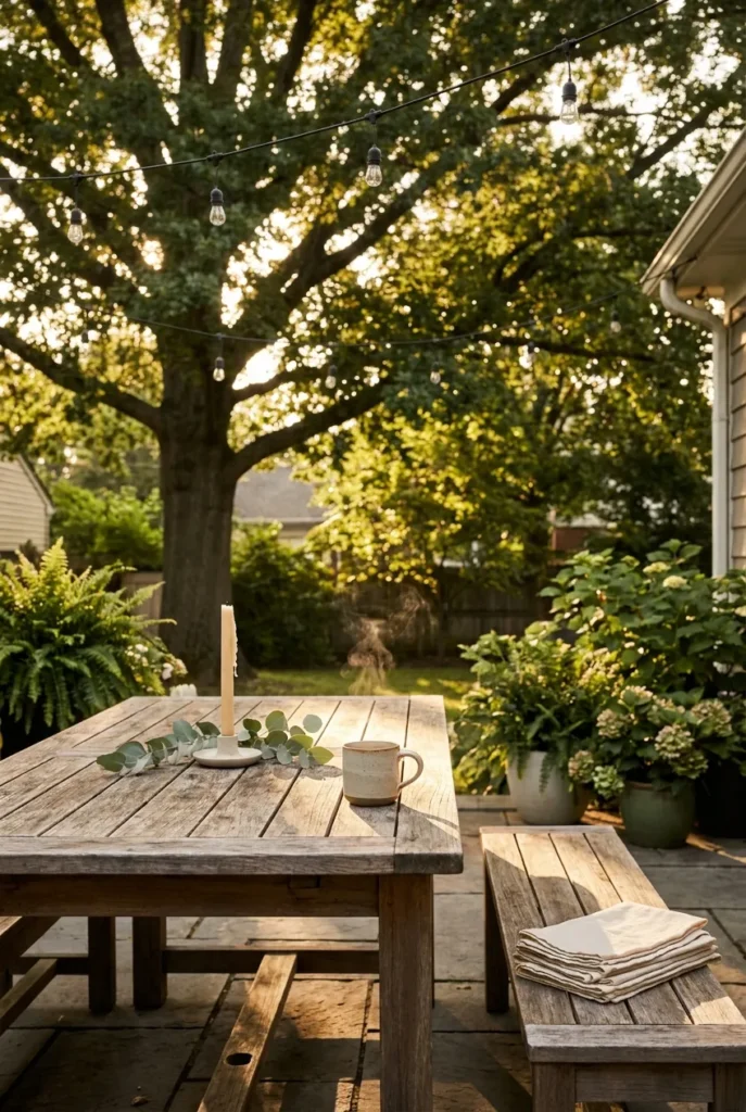 Morning after summer backyard party cleanup scene with coffee and folded linens.