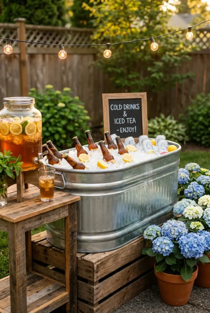 Galvanized stock tank cooler for summer backyard party with iced drinks and string lights