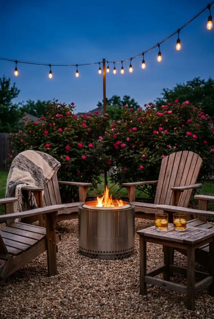 Safe Solo Stove fire pit setup with Adirondack chairs at a summer backyard party.