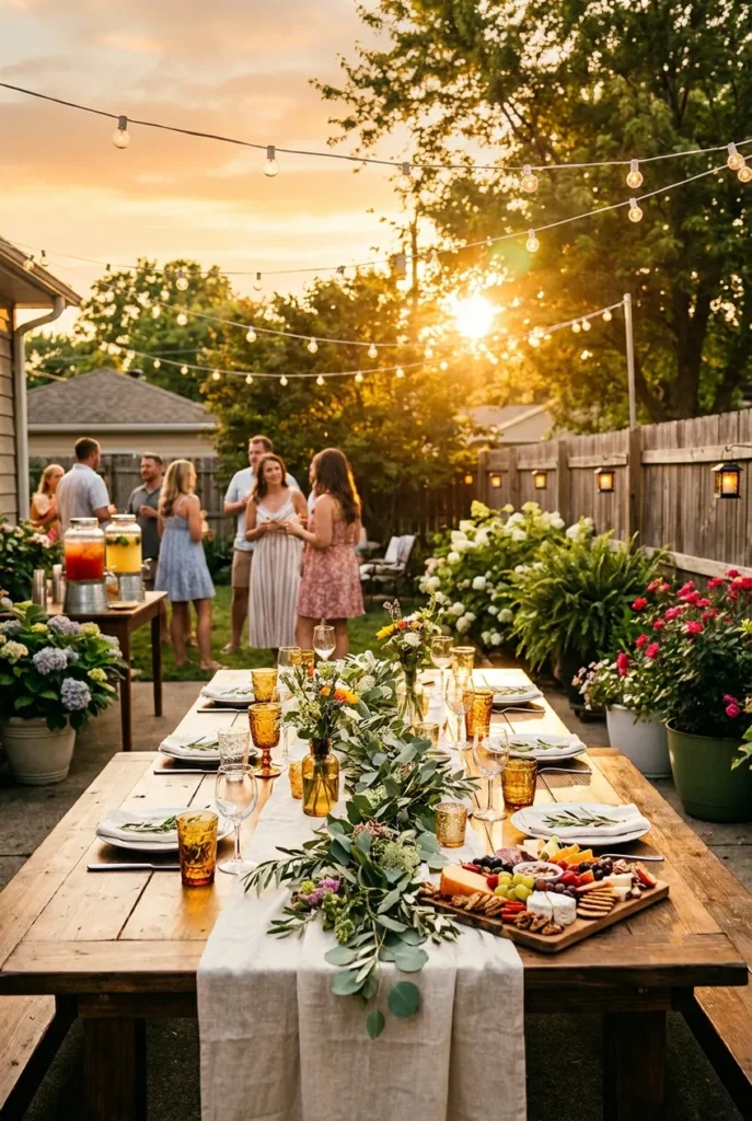 Summer backyard party in full swing with string lights at golden hour