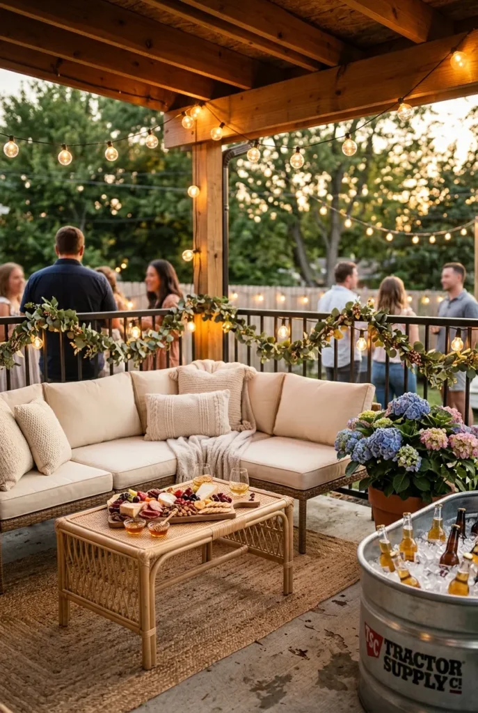 Renter friendly summer backyard party setup with sectional, string lights, and stock tank cooler.