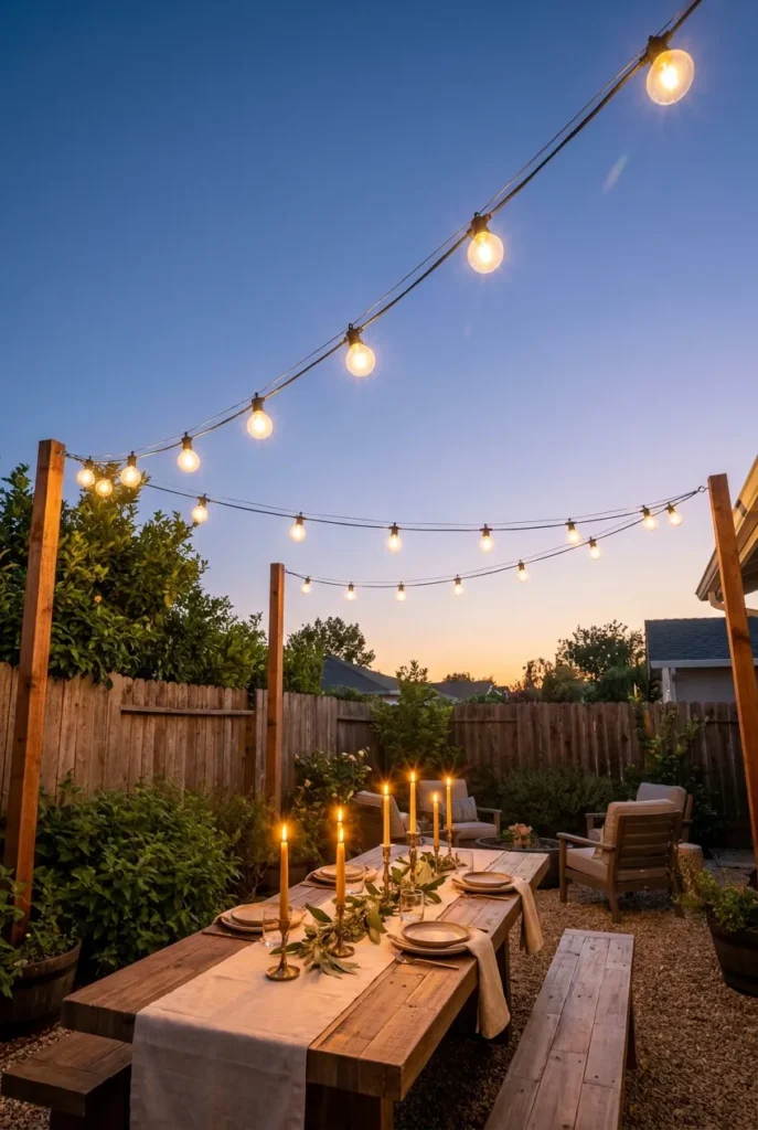 Warm G40 string lights over a small backyard summer party table at dusk.