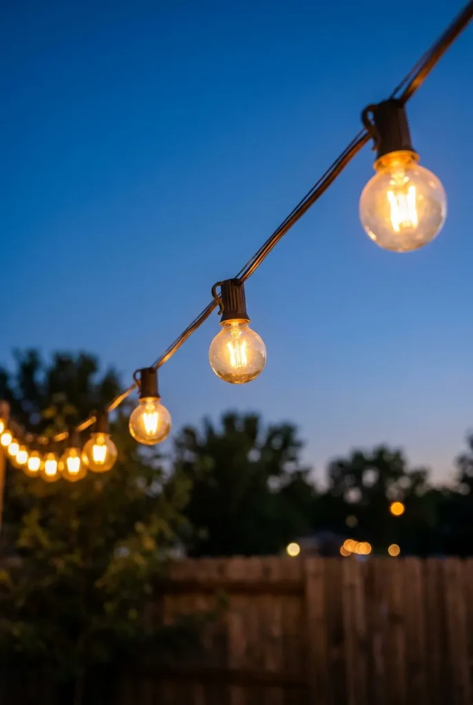 Warm white globe string lights at dusk for a backyard birthday party