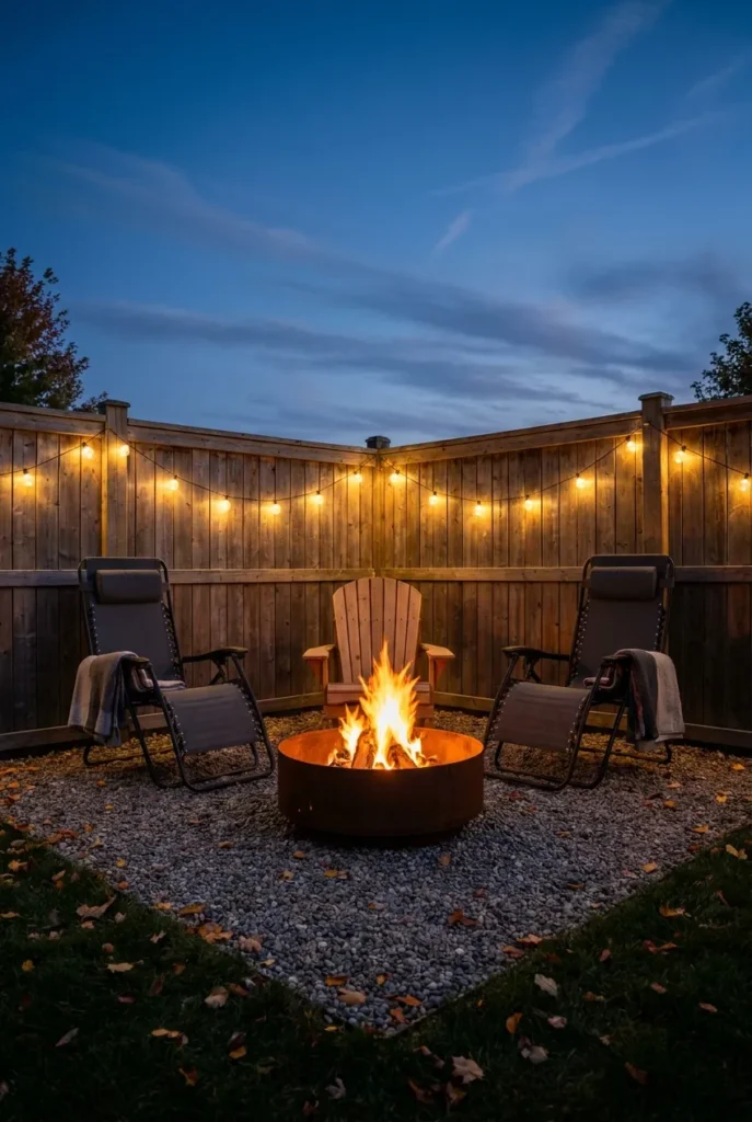 Corner fire pit seating arc with zero gravity chairs and Adirondack