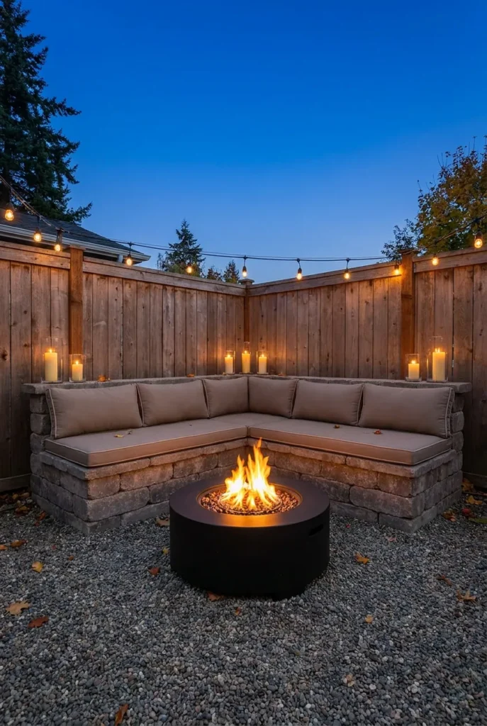 Corner fire pit with L shaped built in bench banquette along two fences