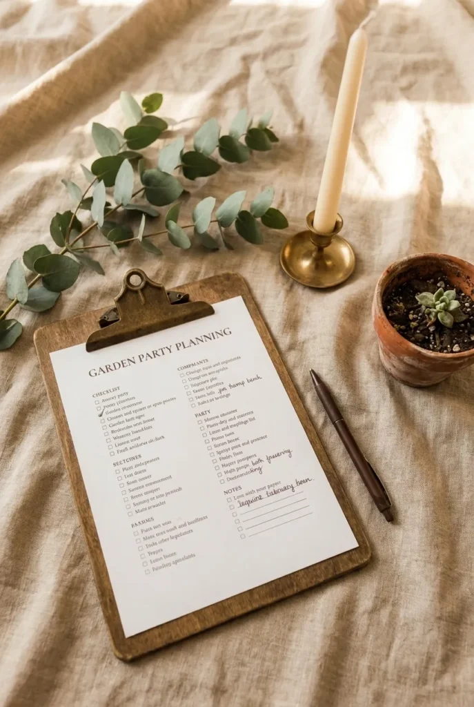 backyard garden party setup timeline checklist flat lay