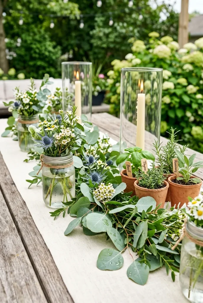 budget backyard cookout decorations with eucalyptus and terra cotta pots