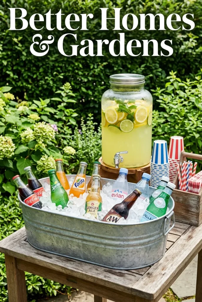 backyard cookout drink station with galvanized tub and lemonade bar