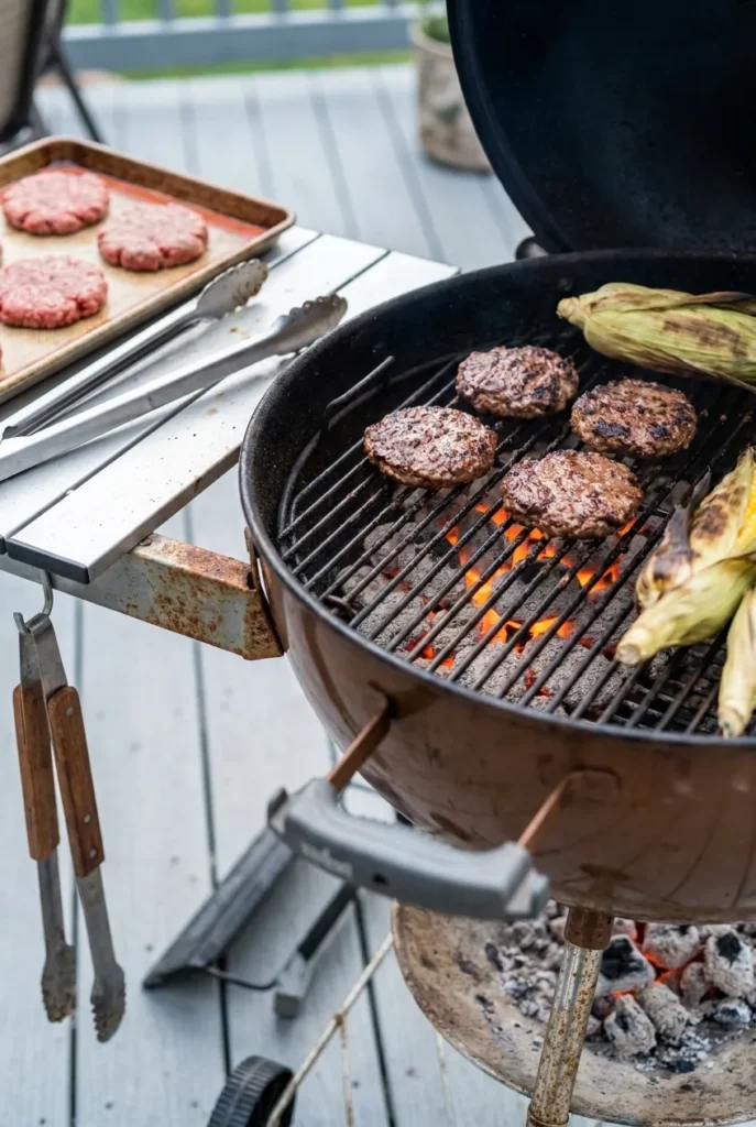backyard cookout grill setup with corn and burgers on charcoal