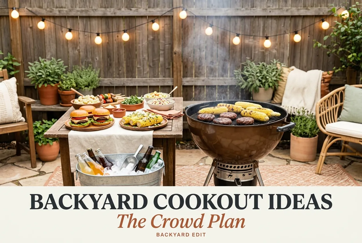 backyard cookout ideas hero with grill, drink tub, and string lights for a crowd