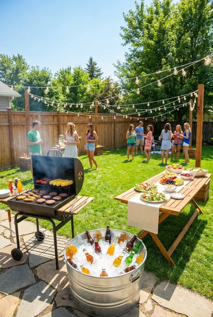 backyard cookout ideas with grill, drink tub, and string lights at a summer party