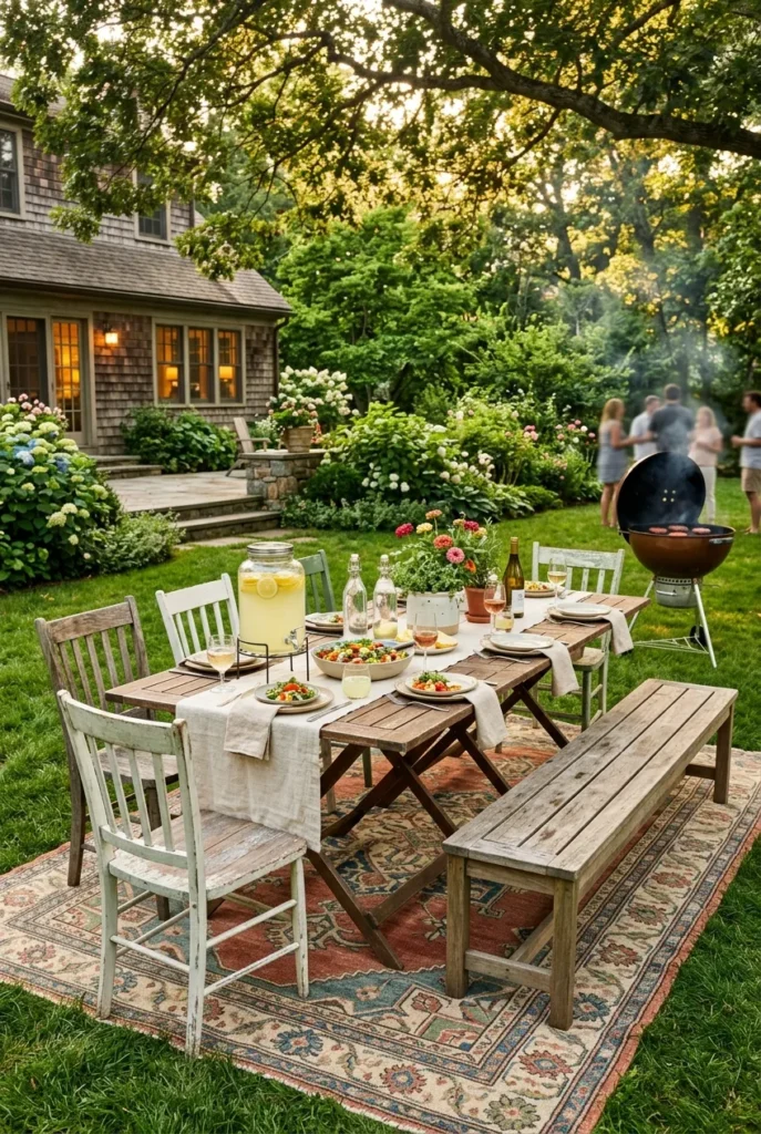 backyard cookout seating ideas for a crowd with folding tables and rug