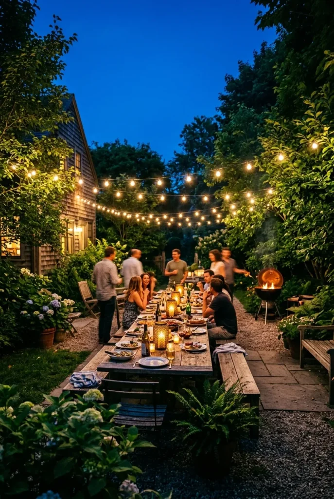 backyard cookout ideas with string lights glowing at dusk