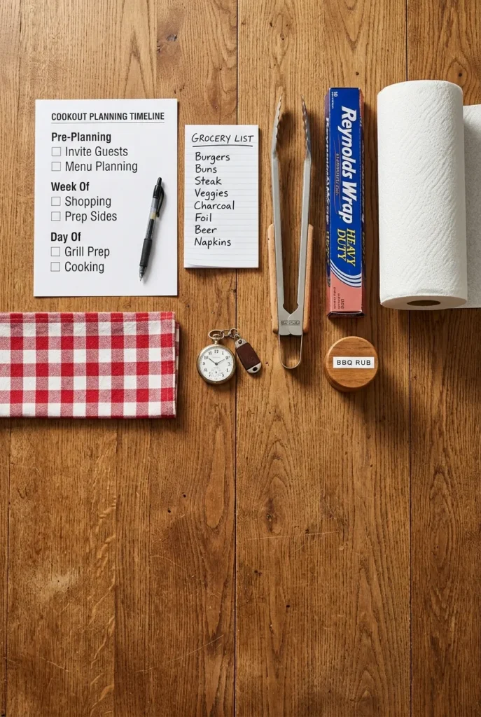 backyard cookout setup timeline checklist flat lay