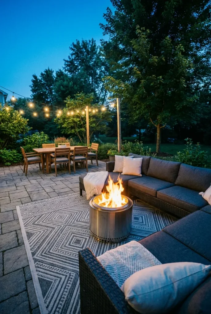 Backyard patio with a solo stove zoned for seating and dining flow