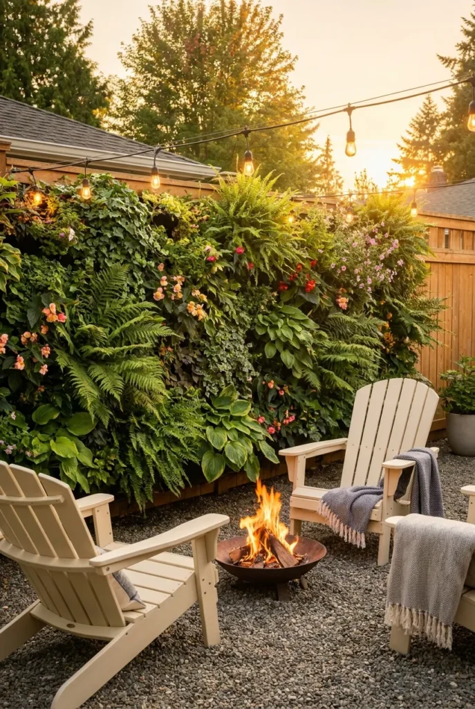Cozy backyard plant wall at golden hour with string lights and patio seating