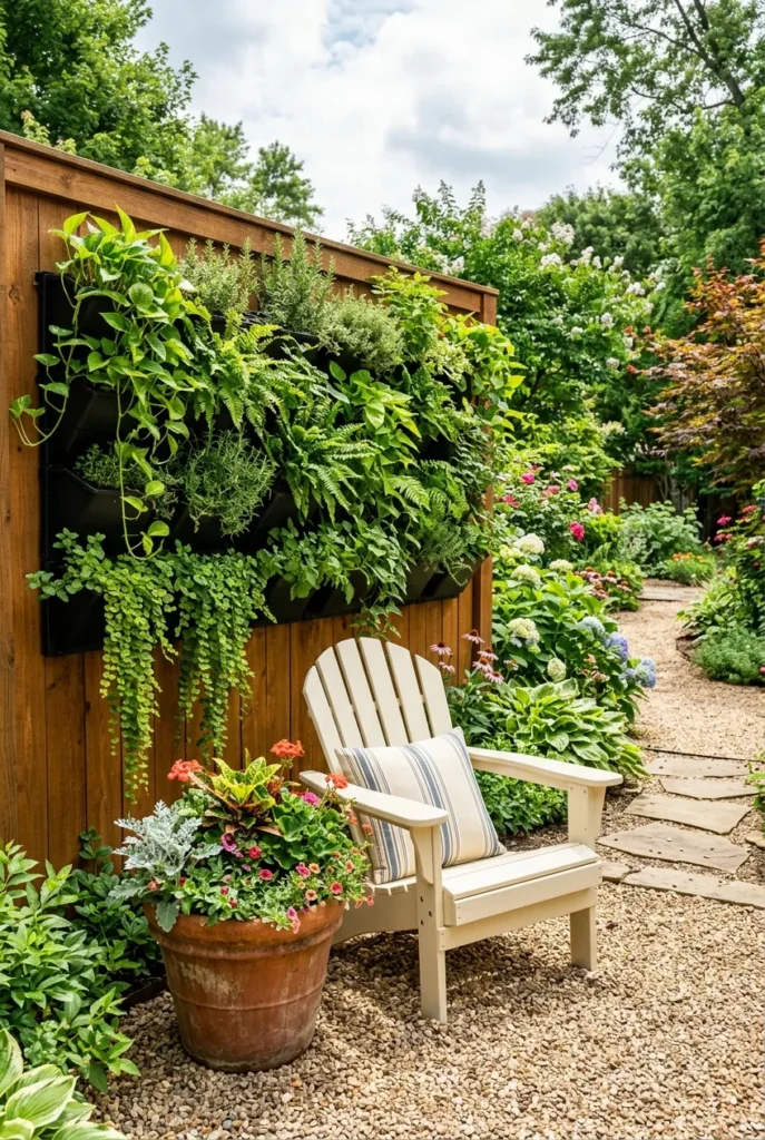 Backyard plant wall ideas with living wall planters on a cedar fence and patio seating