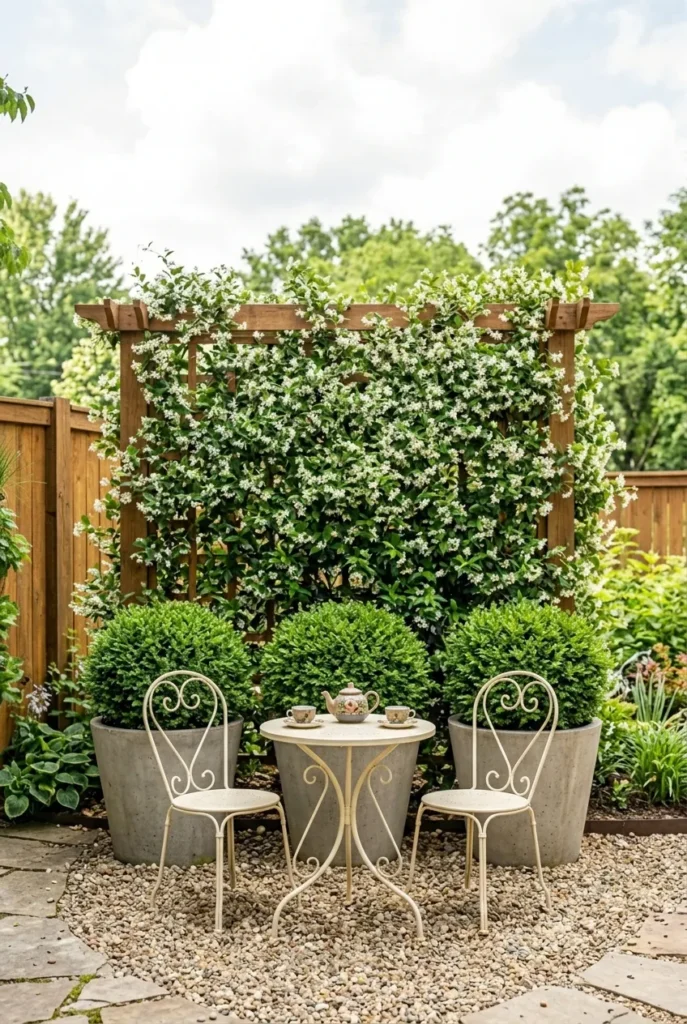 Backyard privacy plant wall with jasmine trellis and boxwood planters