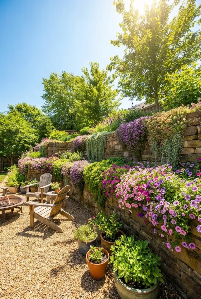 Backyard retaining wall plant ideas with cascading sedum and trailing petunias