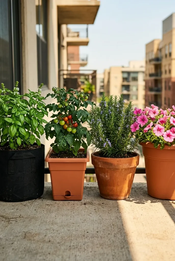 apartment balcony garden container comparison fabric grow bag earthbox terra cotta bloem resin pot