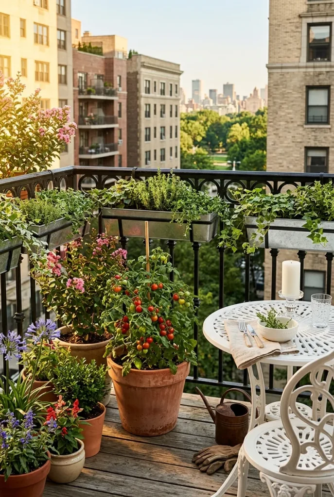 apartment balcony garden ideas with railing planters herbs bistro table golden afternoon light