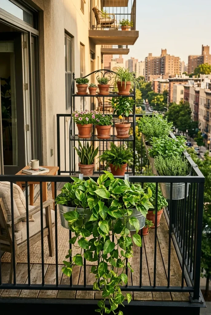 balcony garden ideas apartment trailing pothos railing planters tiered stand golden afternoon