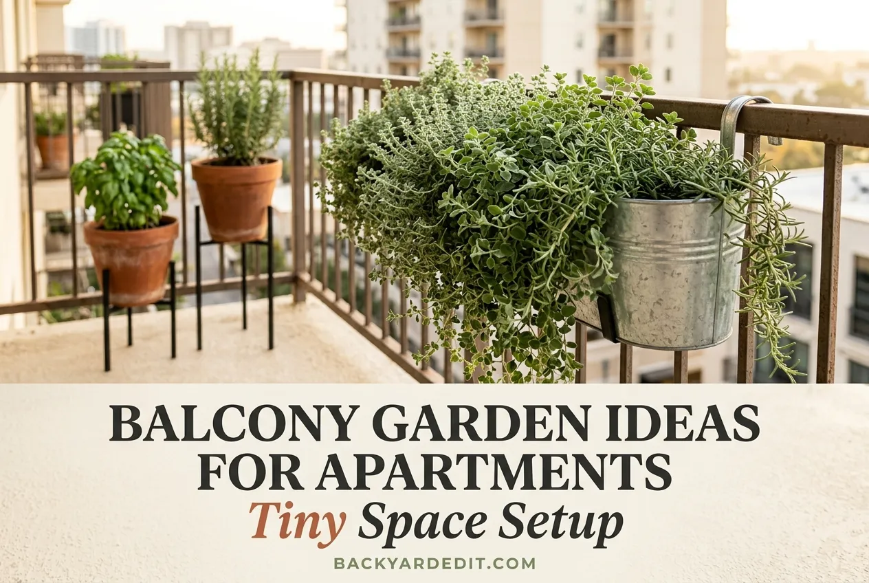 balcony garden ideas for apartments sage green herbs terracotta pots railing planter golden hour pinterest