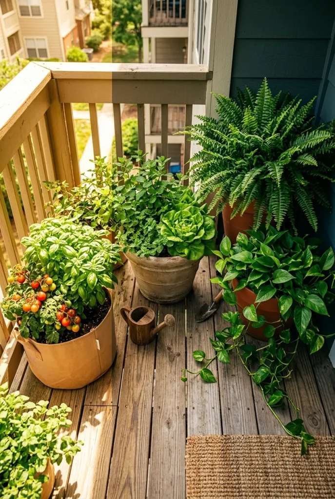 apartment balcony garden plants by sun level tomatoes herbs ferns pothos shade full sun