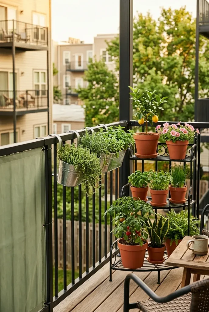 renter-safe no-drill apartment balcony garden railing planters privacy panel tiered stand