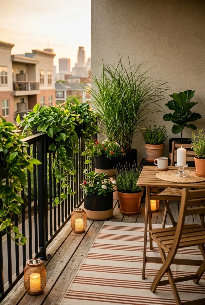 styled apartment balcony garden ideas pinterest aesthetic solar lanterns bistro table pothos evening